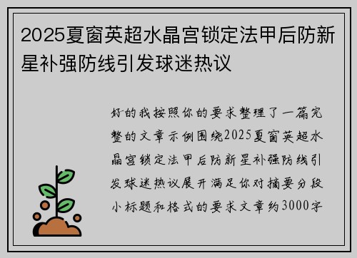 2025夏窗英超水晶宫锁定法甲后防新星补强防线引发球迷热议